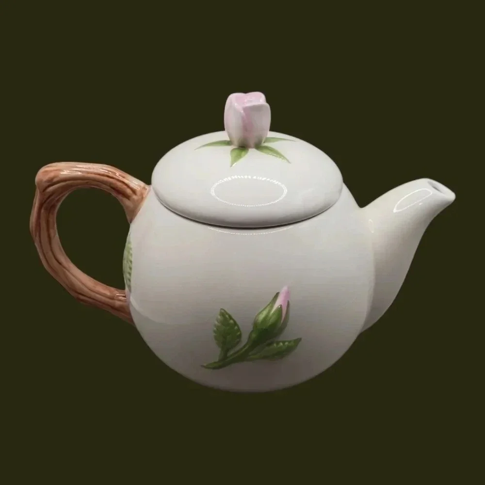 Teleflora rose ceramic teapot white pink color